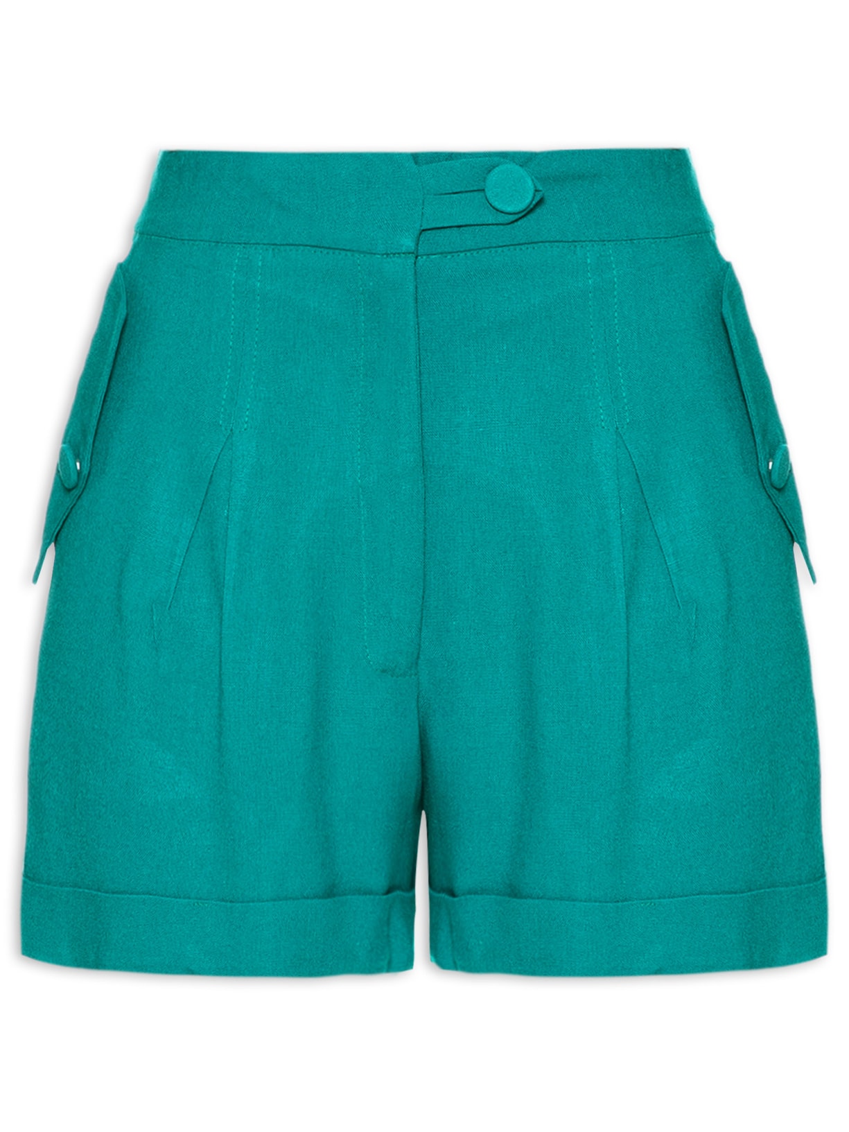 Short Feminino Linho Alfaiataria Bolsos Verde Dress To