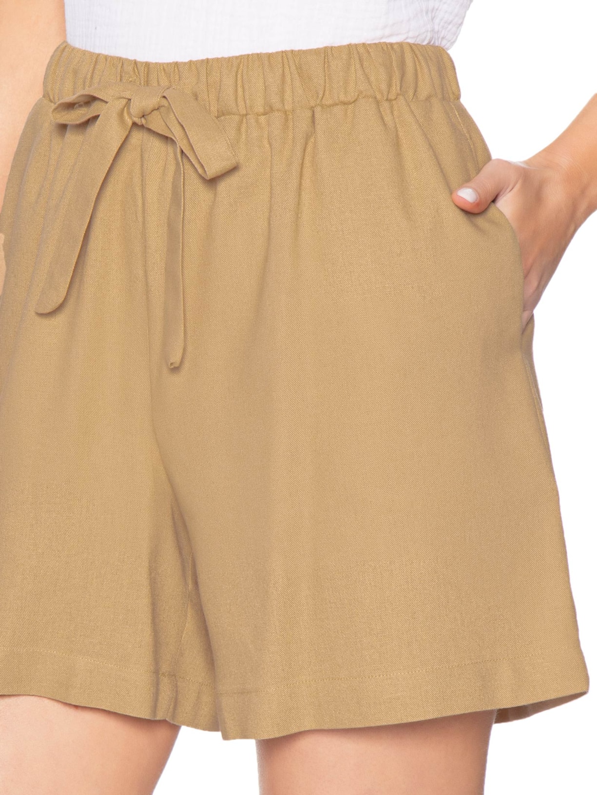Short Feminino Linho Com Cordão Bege Basiq