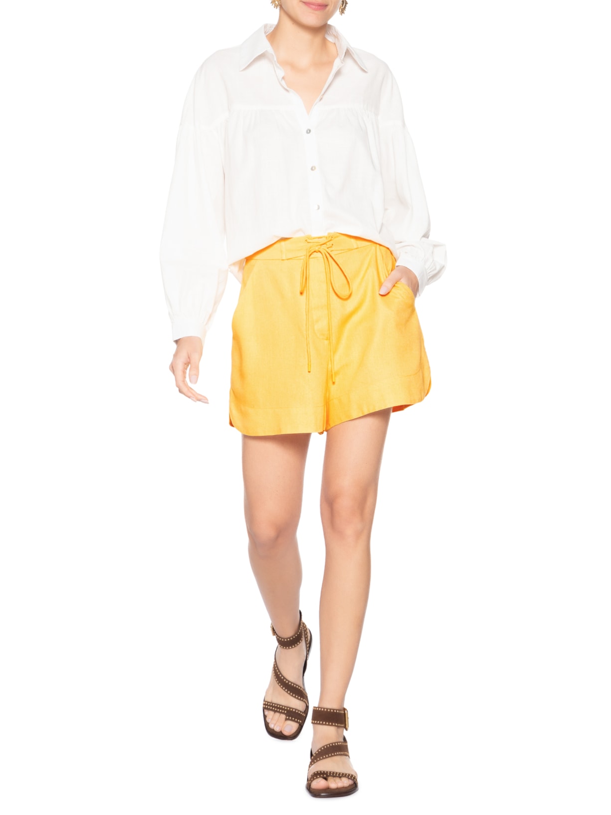 Short Feminino Linho Cós Amarração Amarelo Dress To