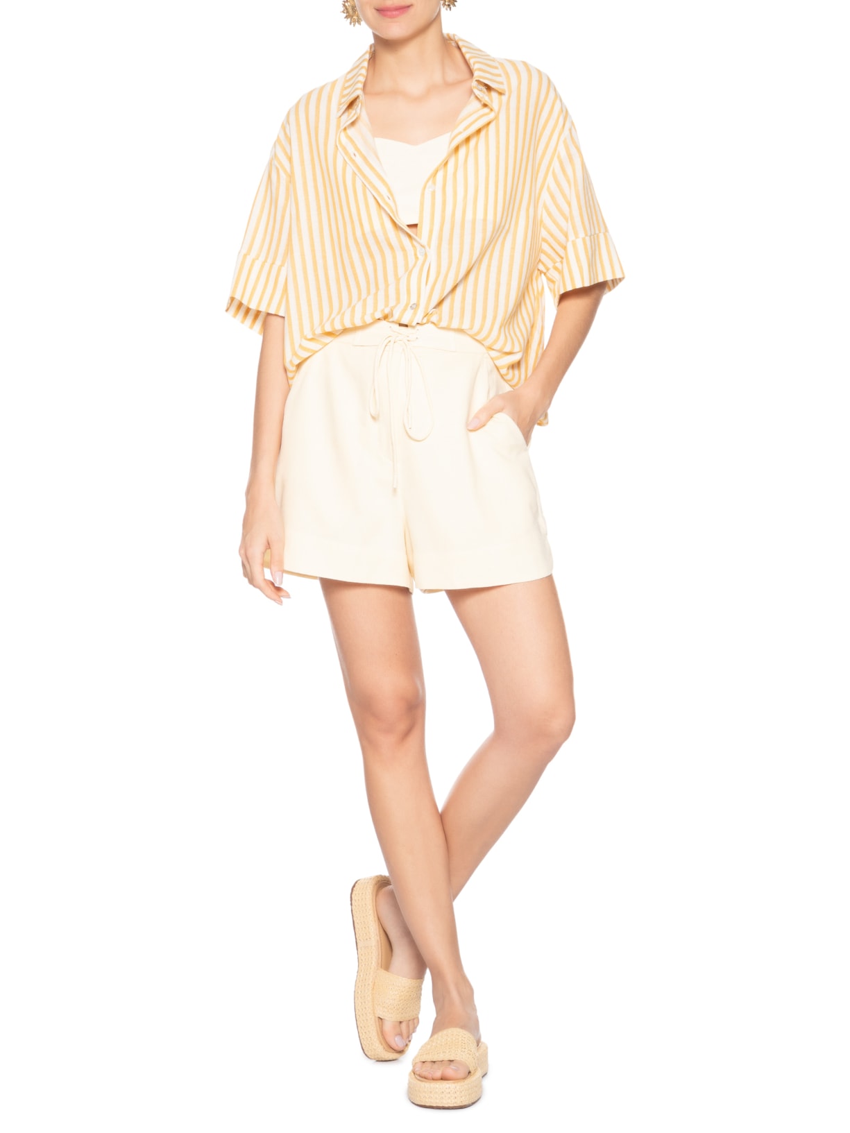 Short Feminino Linho Cós Amarração Bege Dress To