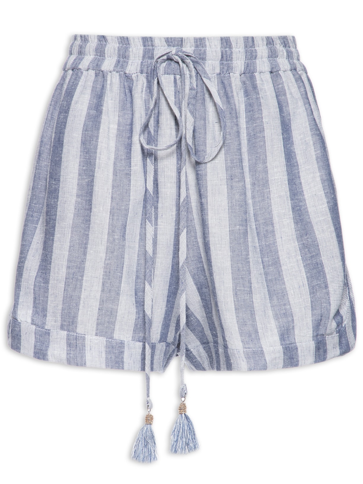 Short Feminino Linho Listrado Fraldado - Azul