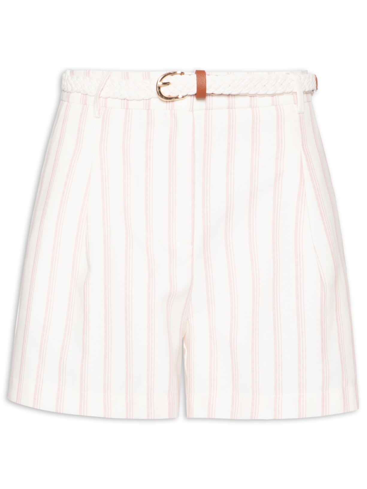 Short Feminino Listrado Com Cinto Off White Basiq