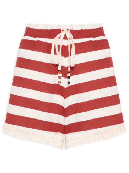 Short Feminino Listrado em Malha Tricot - Vermelho