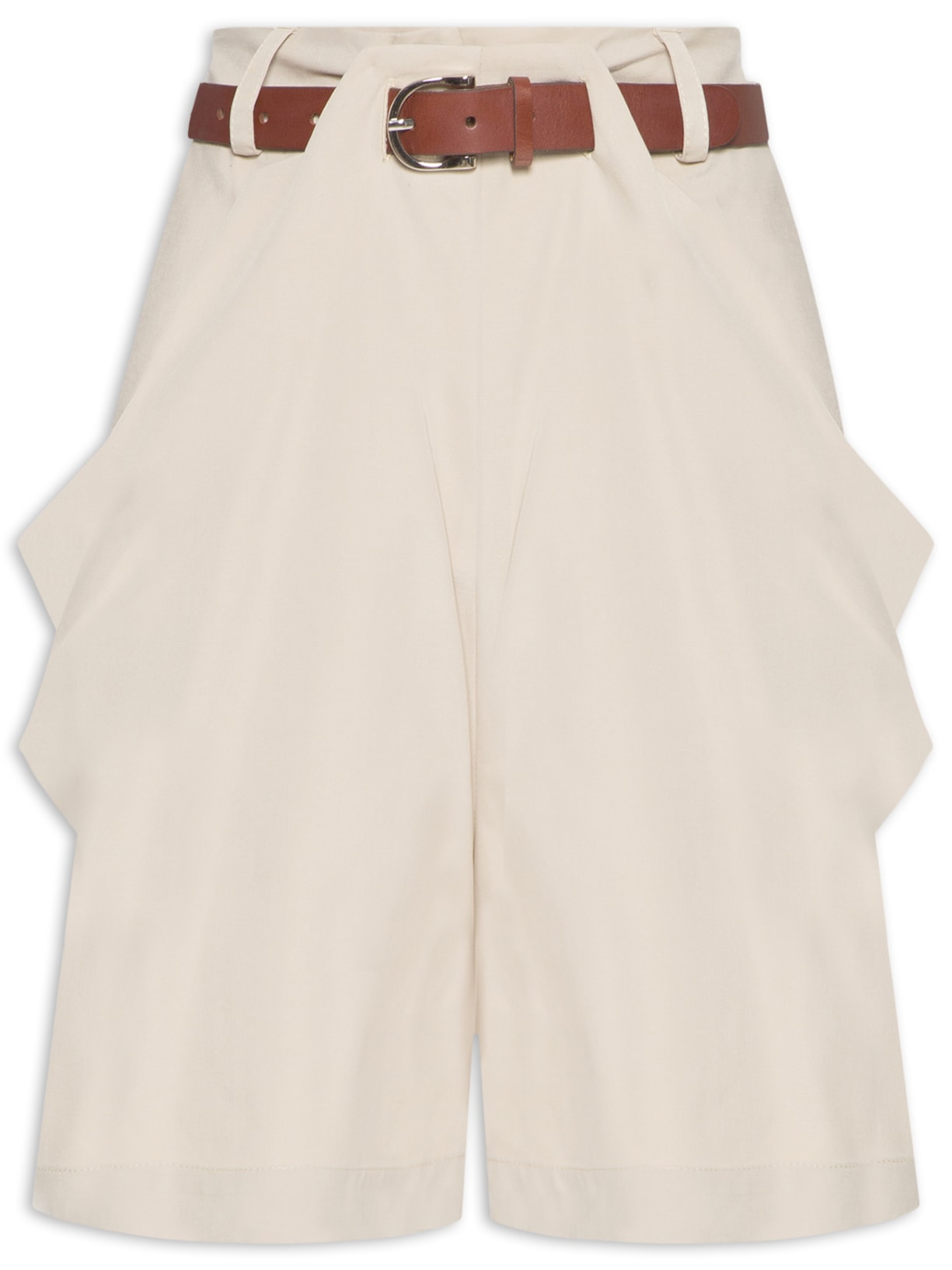 Short Feminino Prega Alfaiataria com Cinto - Bege