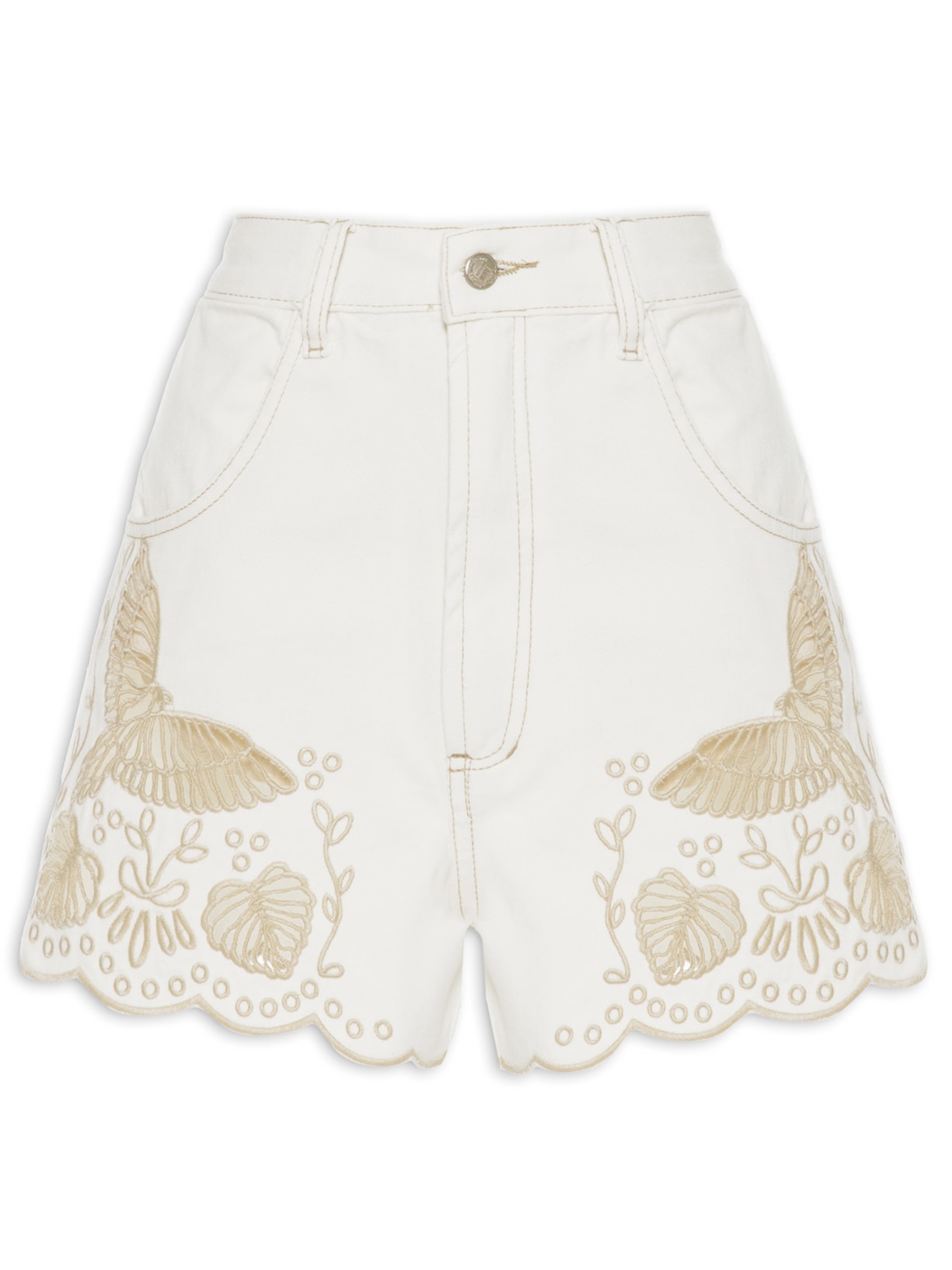 Short Feminino Sarja Bordado Magia Tropical - Off White