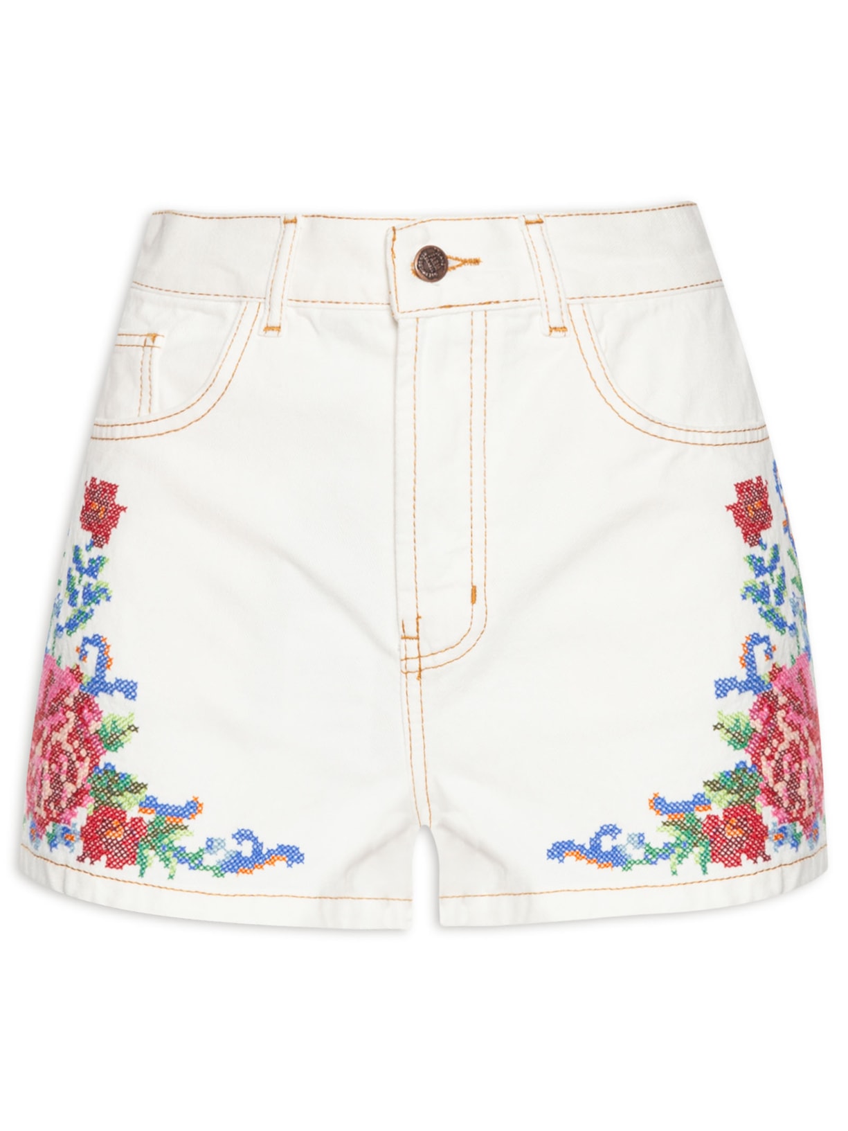 Short Feminino Sarja Bordado Relicário - Branco