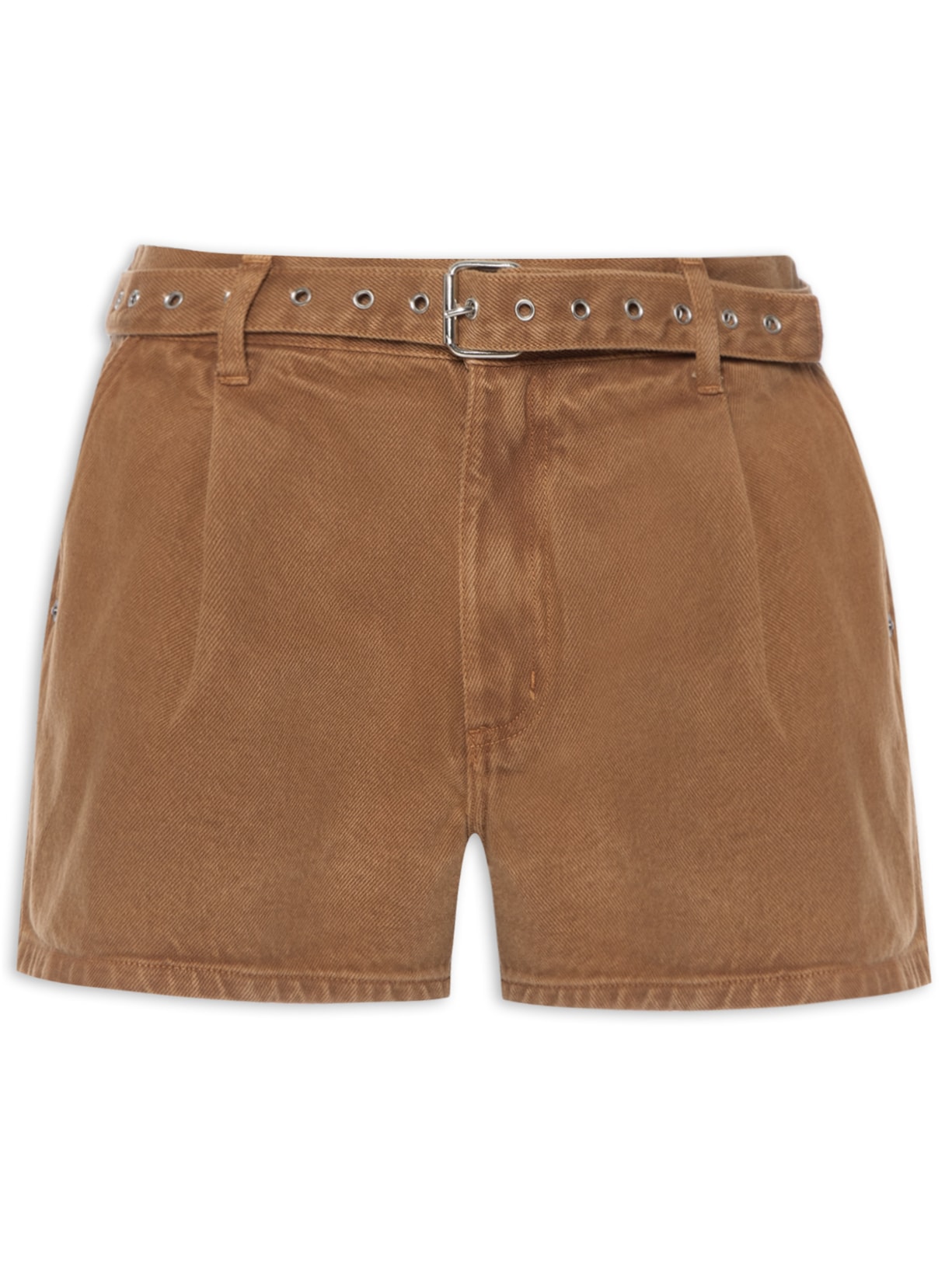 Short Feminino Sarja Box Recortes Com Cinto De Ilhóses - Marrom