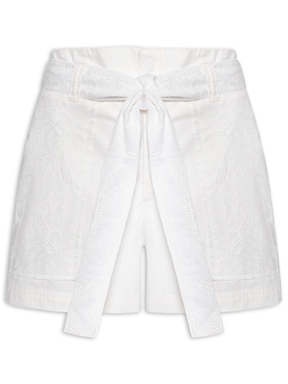 Short Feminino Sarja Com Faixa Mix Voil Bordado - Branco