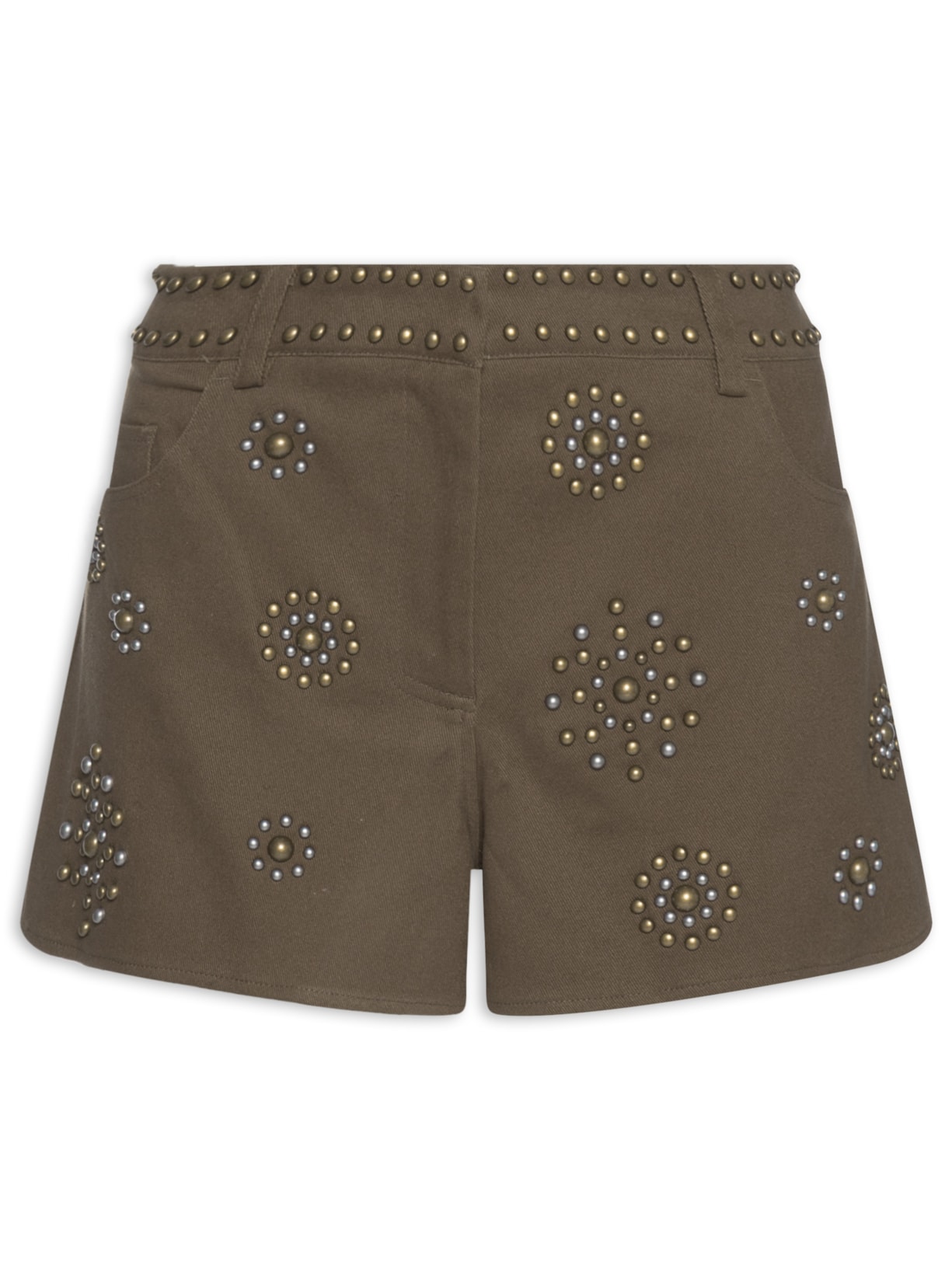 Short Feminino Sarja Mix Rebites Marrom Maria Filó