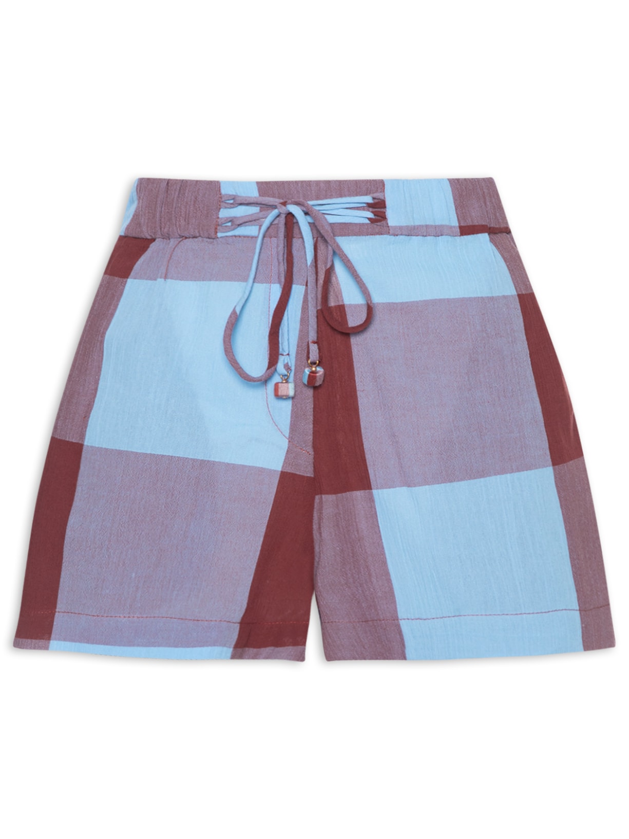 Short Feminino Xadrez Bordado Sol - Marrom