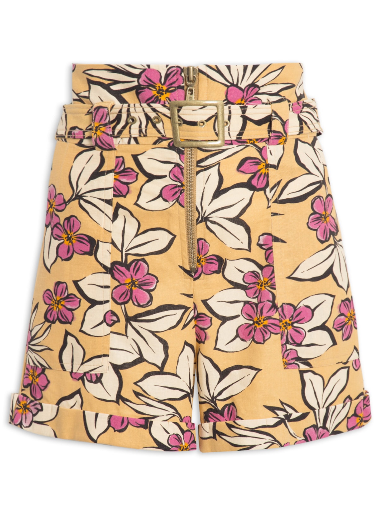 Short Feminino Zíper Frontal Floral - Amarelo