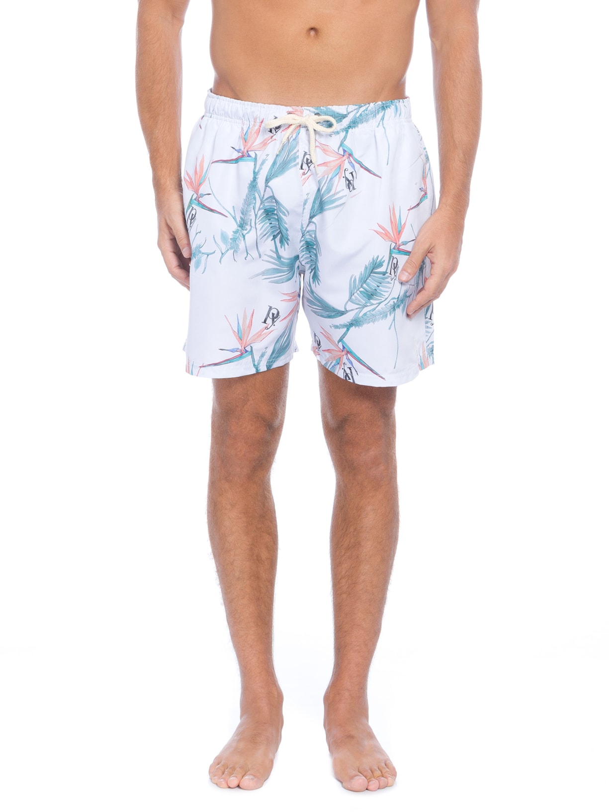 Short Masculino Água Flora Branco Purple Yellow