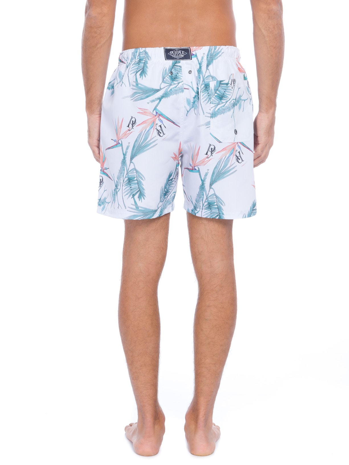 Short Masculino Água Flora Branco Purple Yellow