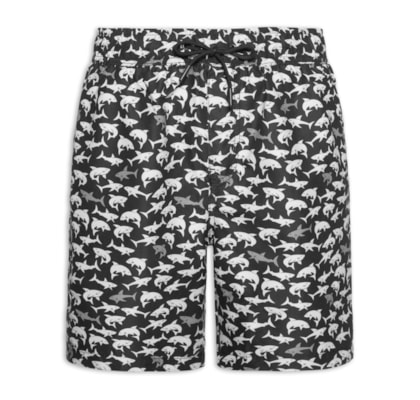 Short Masculino Beachwear Estampa Tubarão - Preto