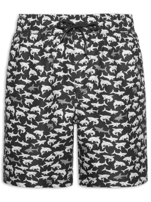 Short Masculino Beachwear Estampa Tubarão - Preto
