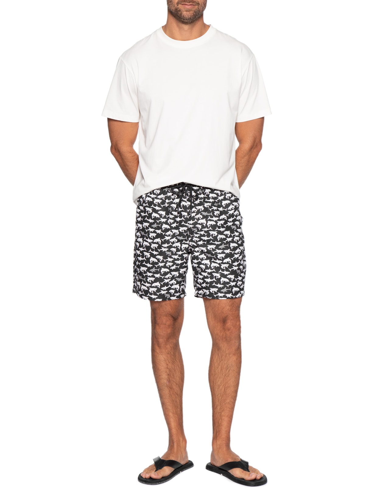 Short Masculino Beachwear Estampa Tubarão Preto Basiq Men