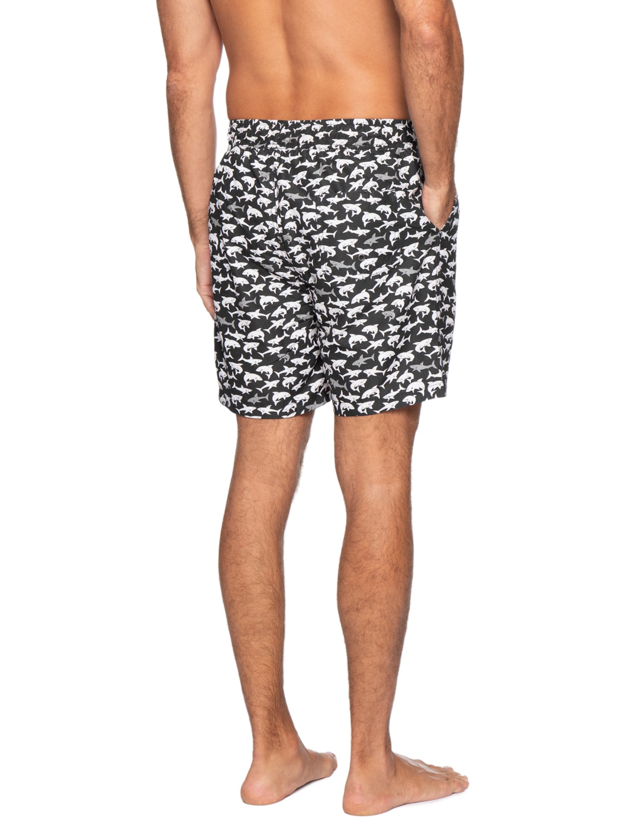 Short Masculino Beachwear Estampa Tubarão Preto Basiq Men
