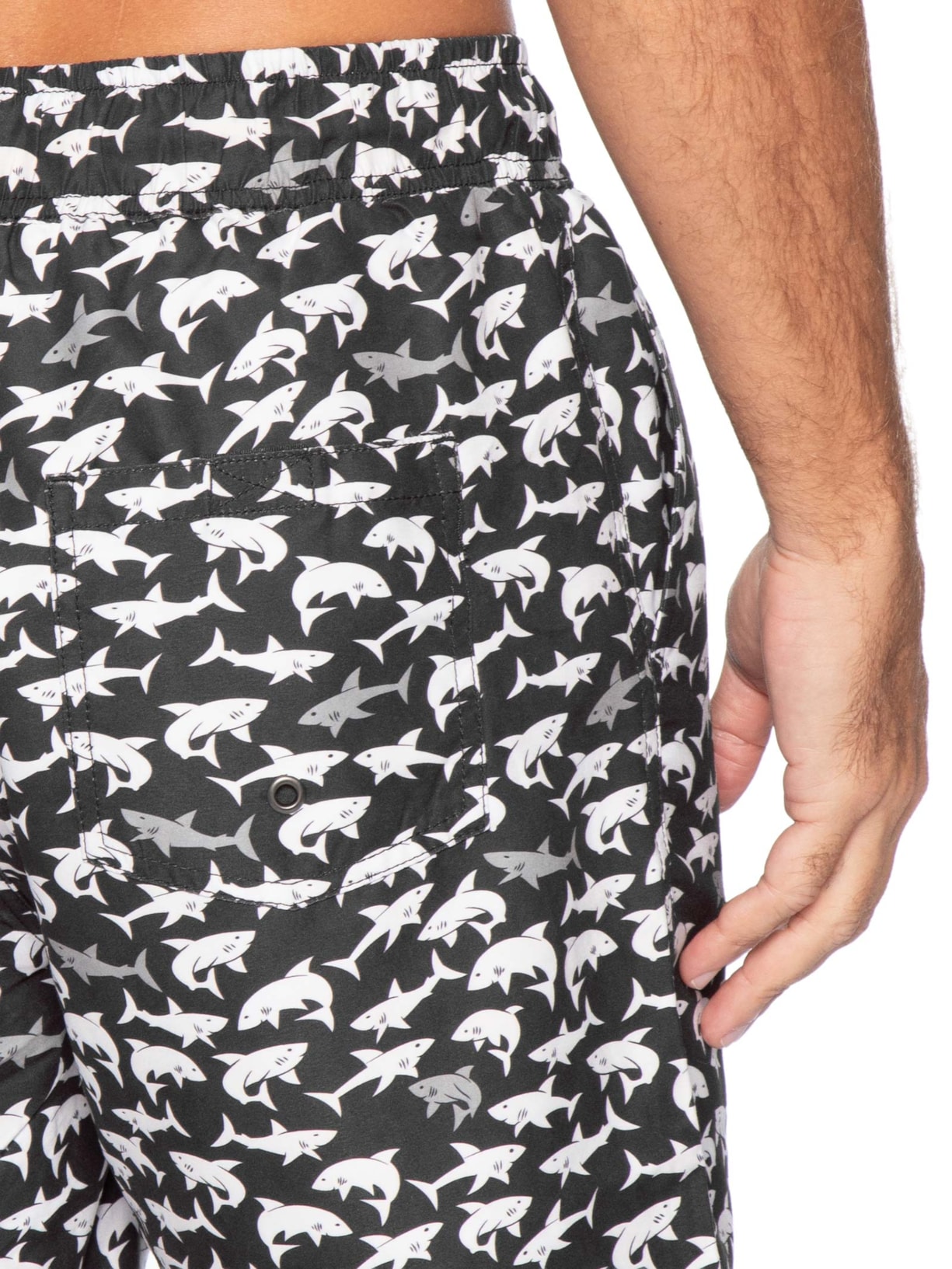 Short Masculino Beachwear Estampa Tubarão Preto Basiq Men