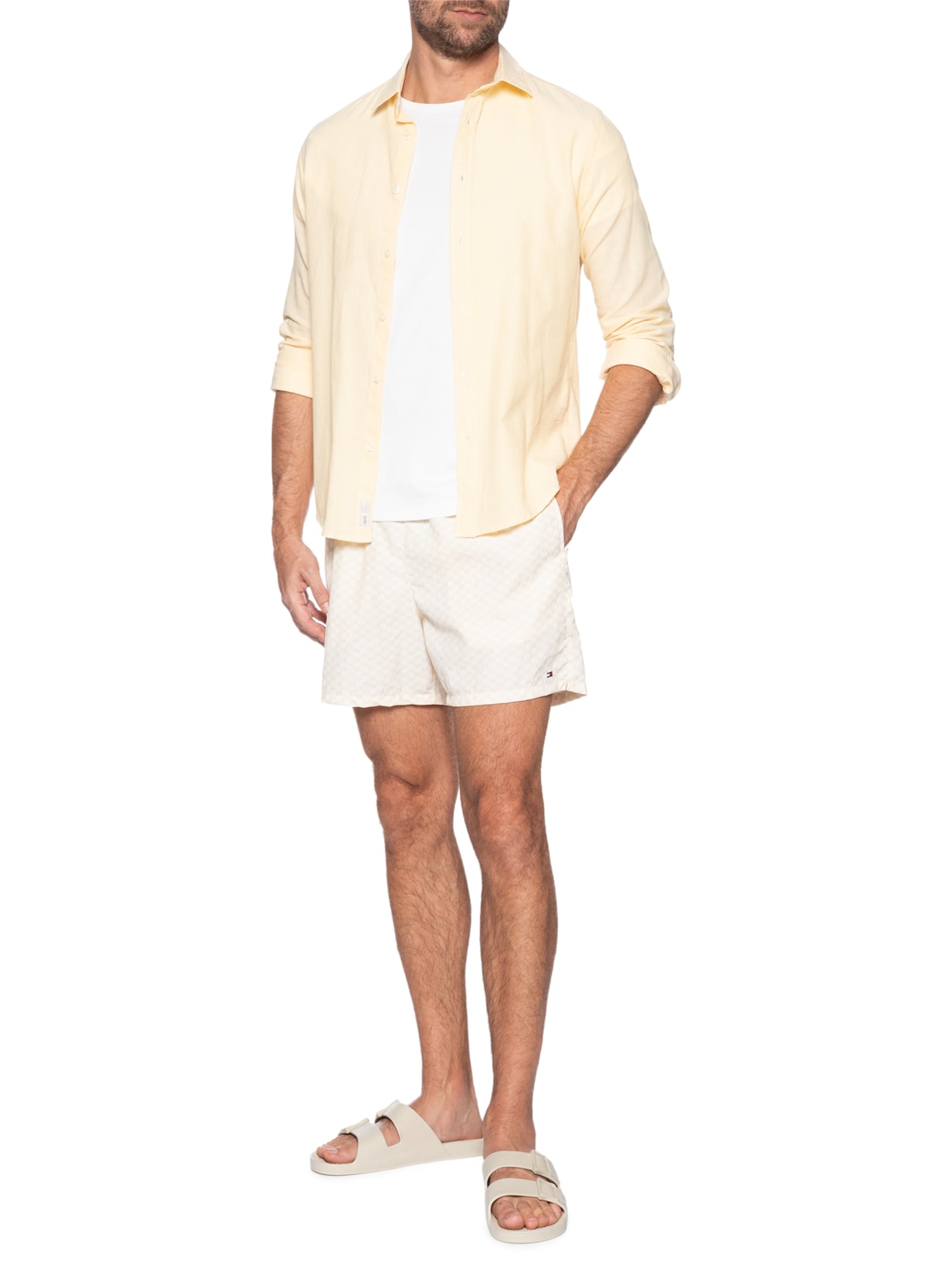 Short Masculino De Praia Estampado Com Cordão Bege Tommy Hilfiger
