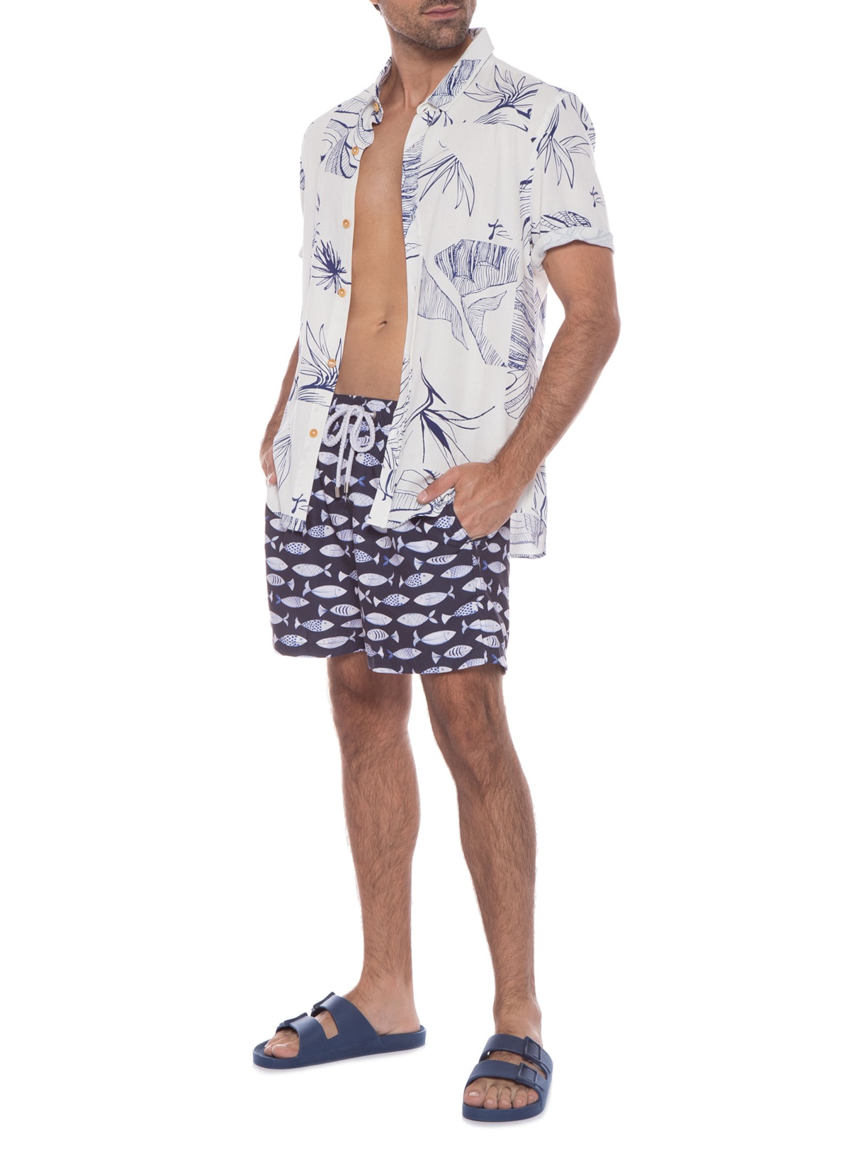 Short Masculino Elástico Estampado Al Mare Azul Barche