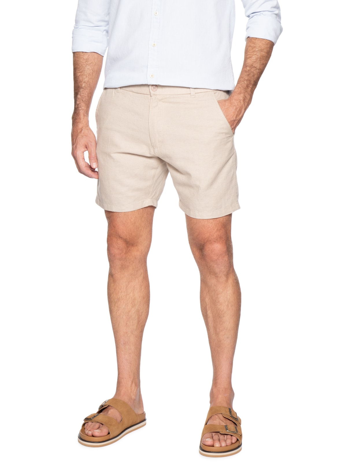 Short Masculino Em Misto Linho Marrom '2 Essential
