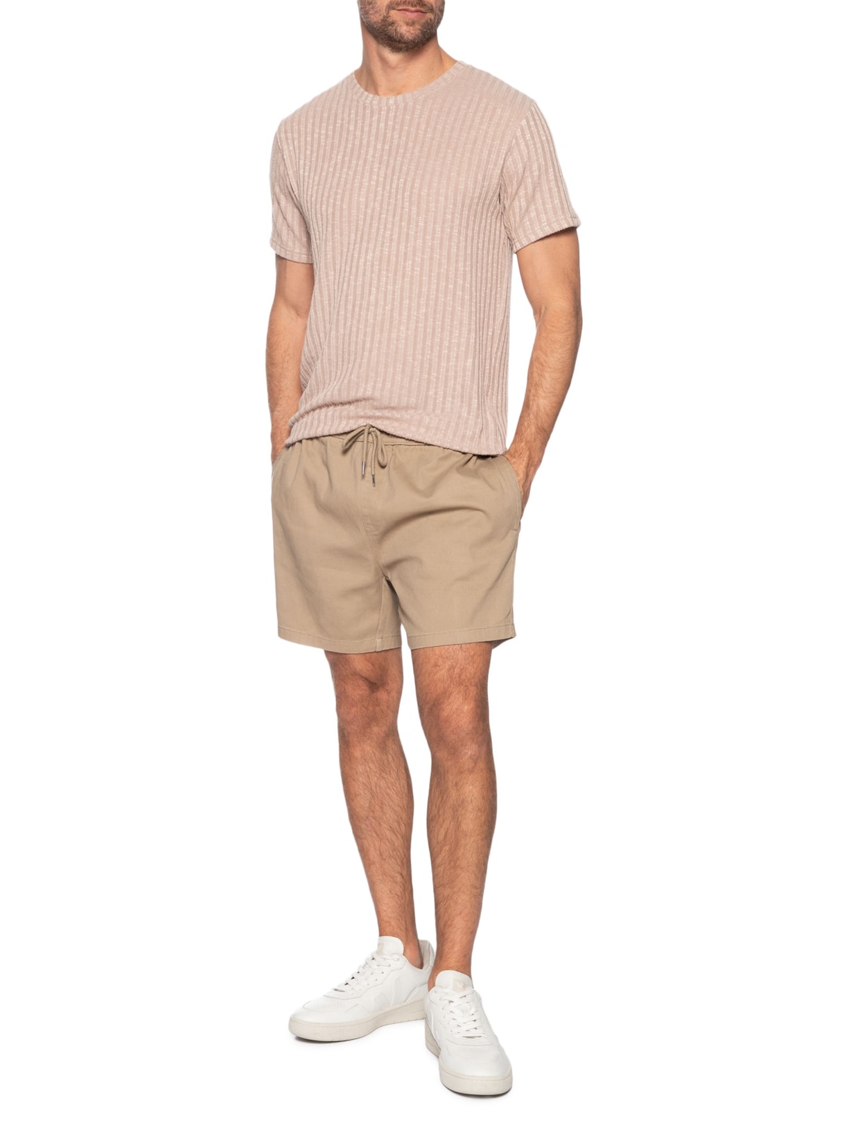 Short Masculino Em Sarja Com Elástico No Cós Bege Basiq Men
