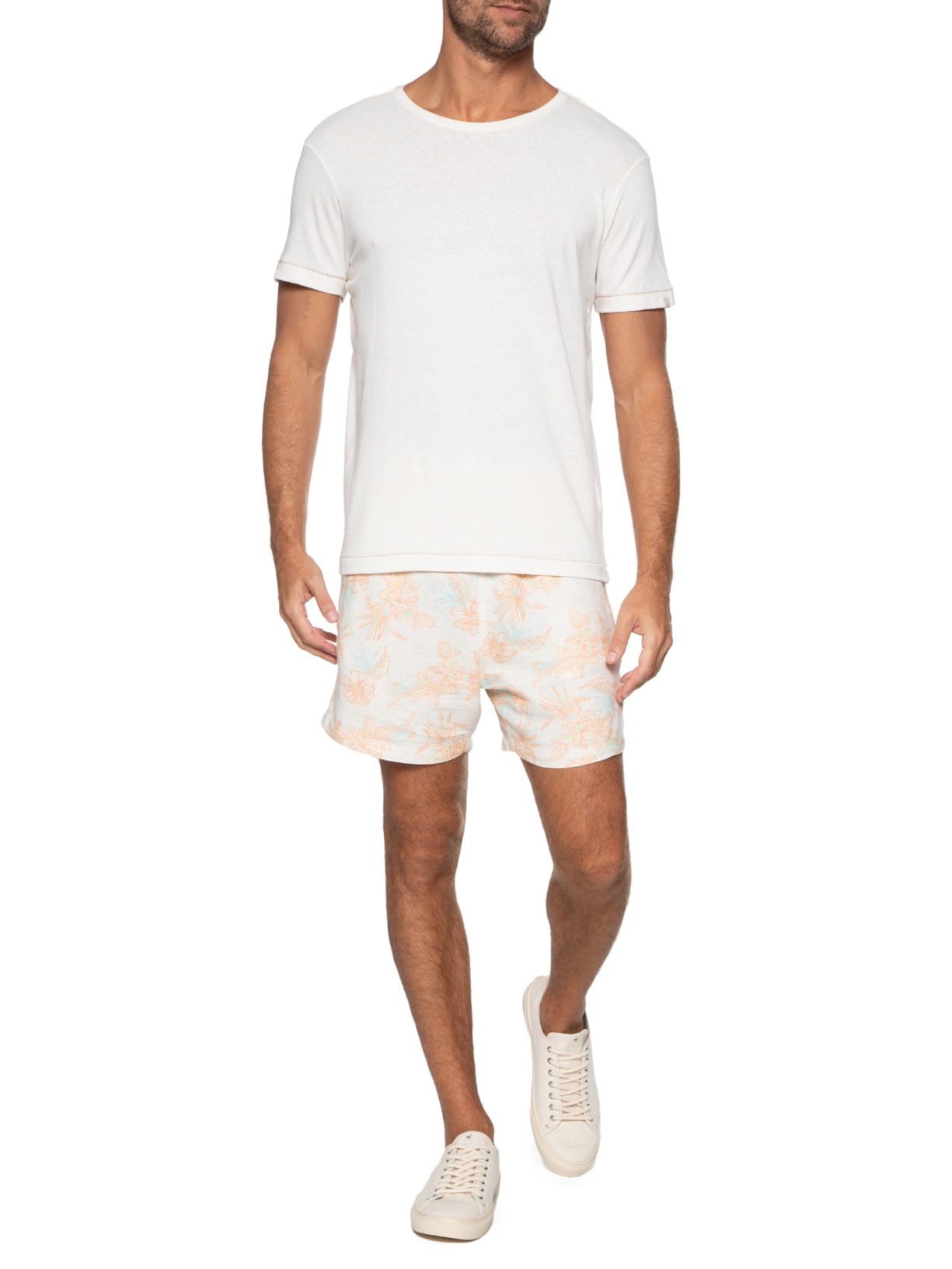 Short Masculino Linho Estampado Flora Branco Pineapple