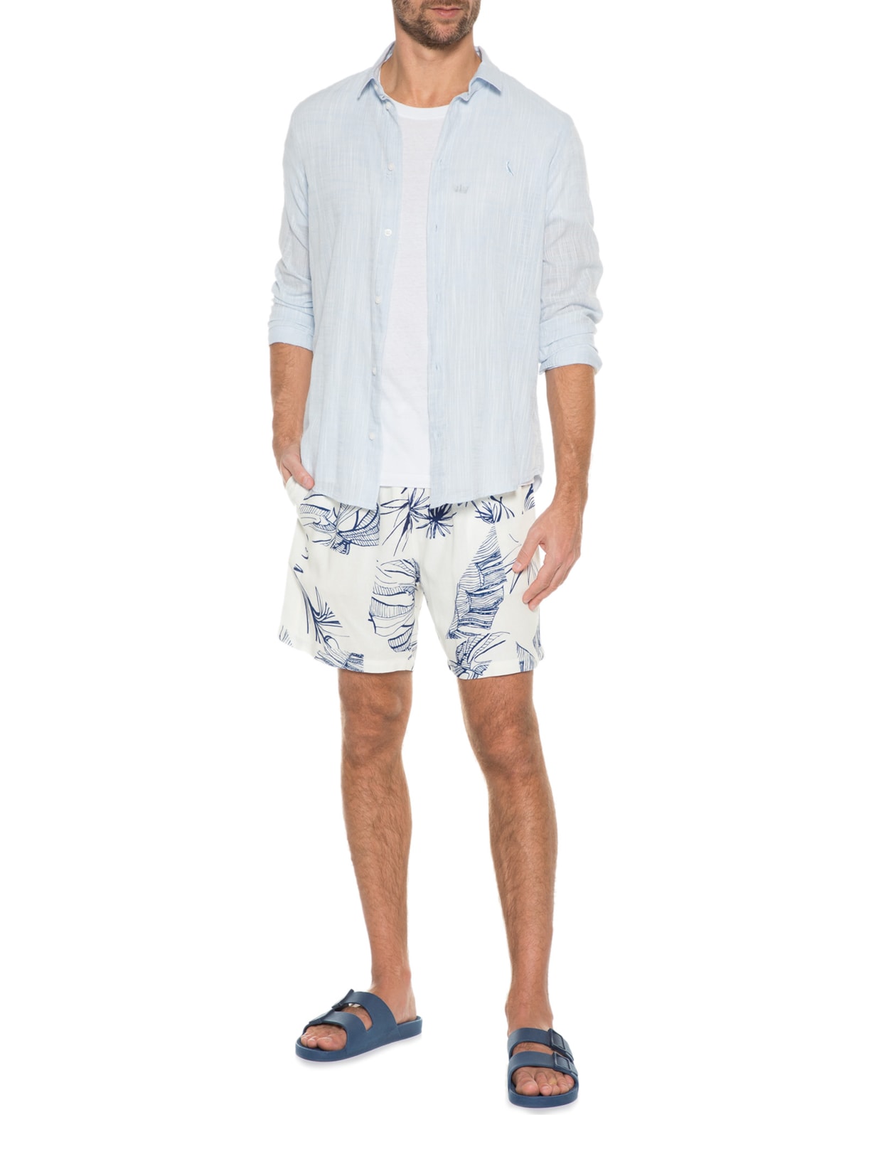 Short Masculino Viscolinho Estampado Azulejos Floral Azul Barche