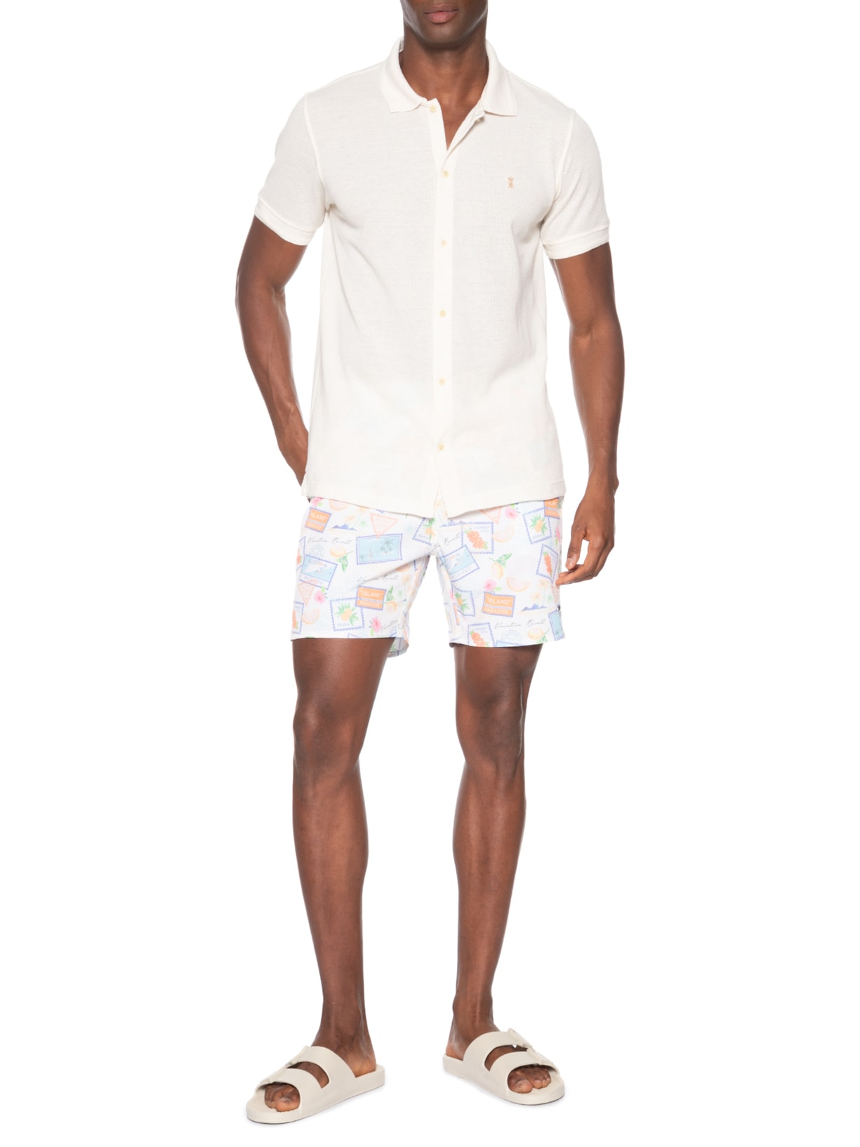 Short Praia Masculino Estampa Selos Branco Sergio K