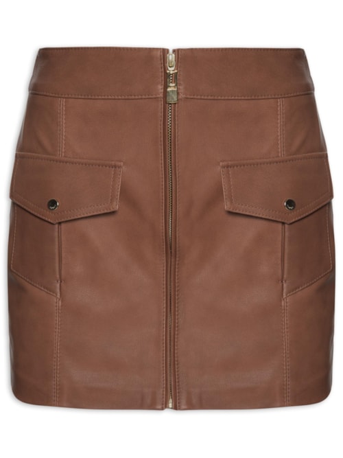 Short Saia De Couro Bolso Pespontado - Marrom