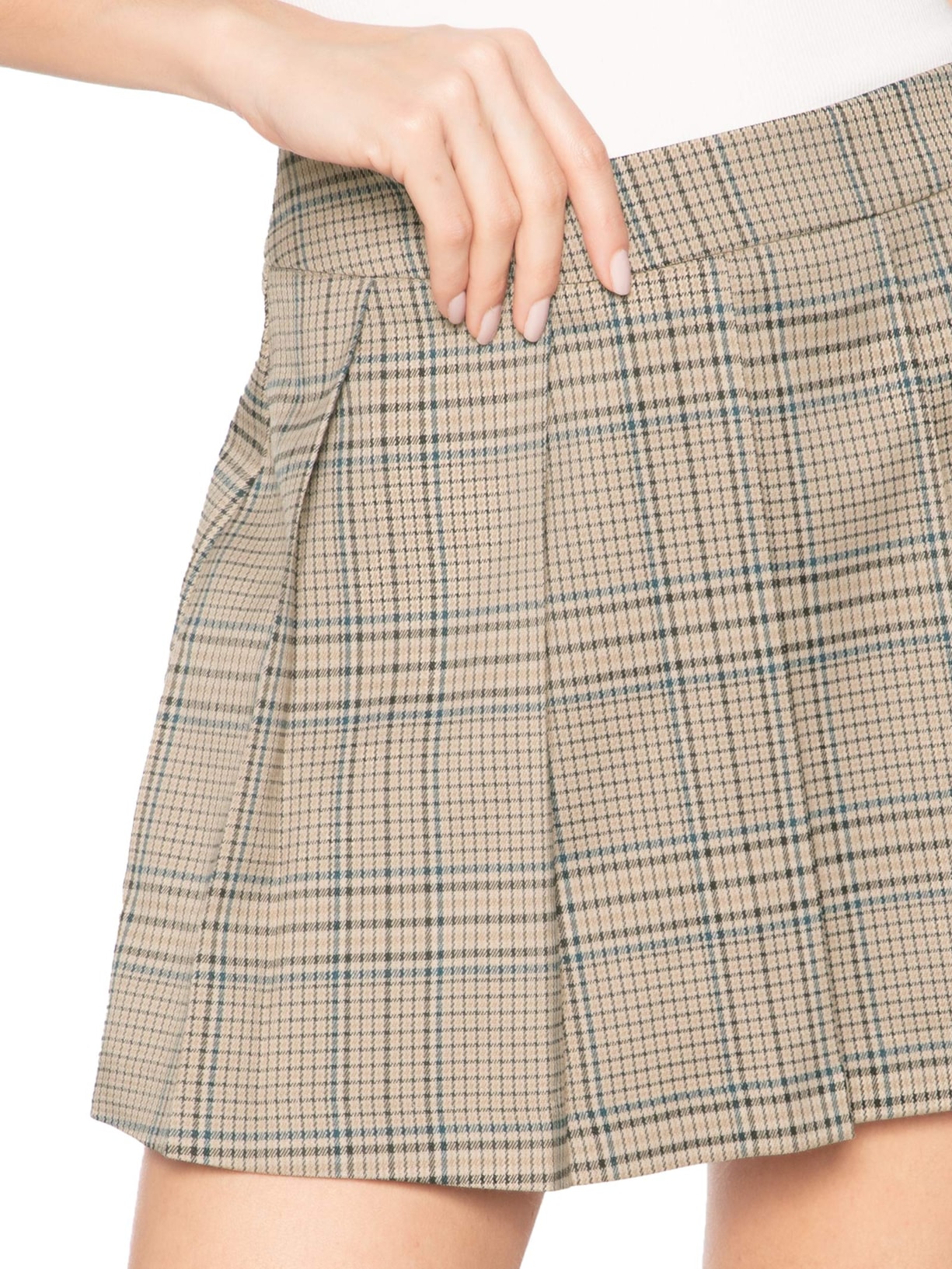 Short Saia Plissado Xadrez Bege Market 33