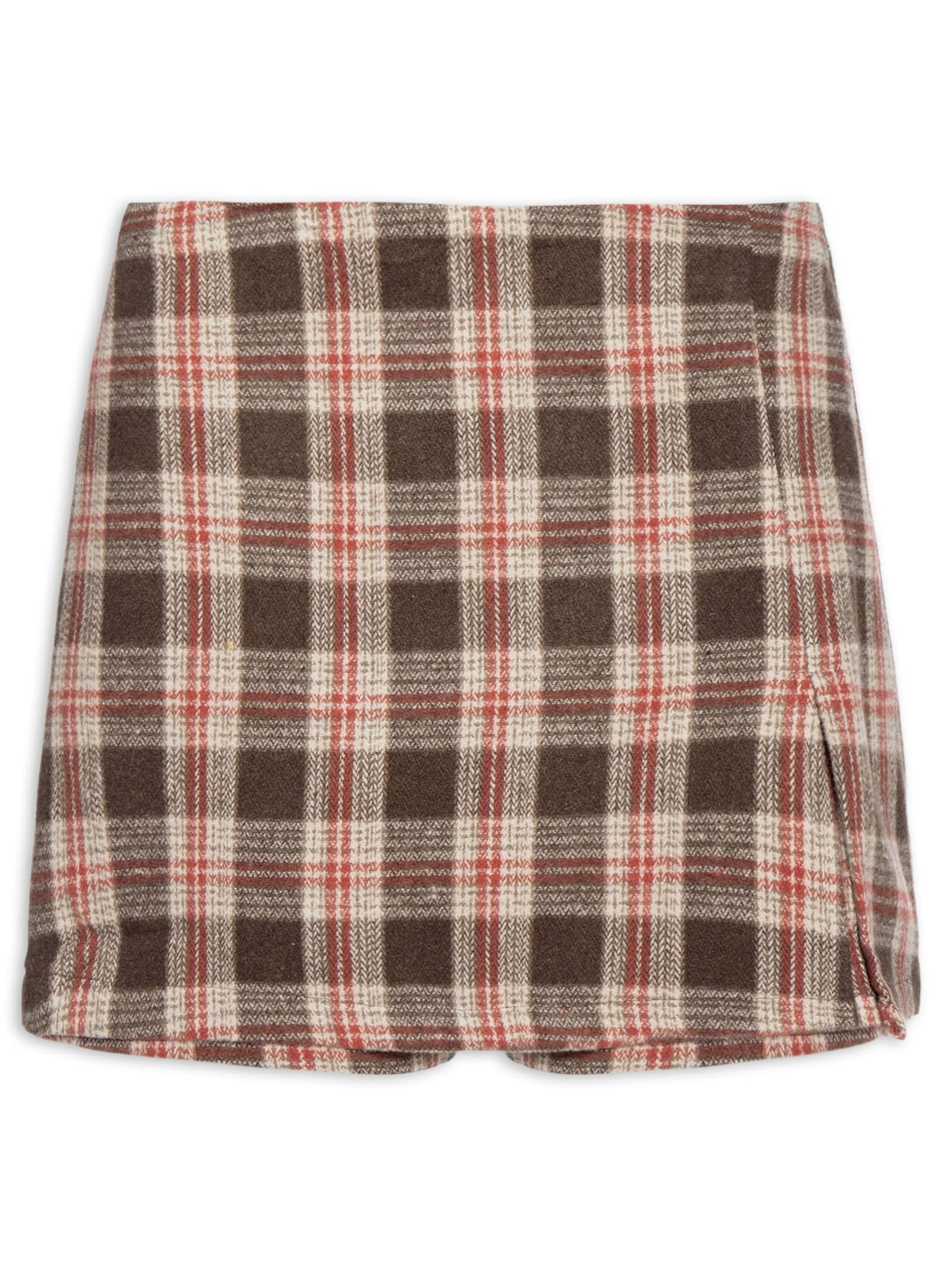 Short Saia Xadrez Com Fenda - Bege