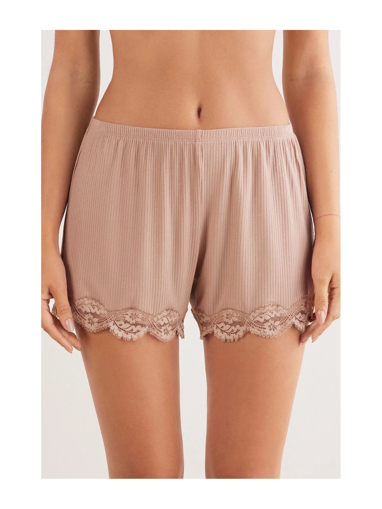 Shorts Canelado Em Viscose e Renda Your Everyday Wear Bege Intimissimi