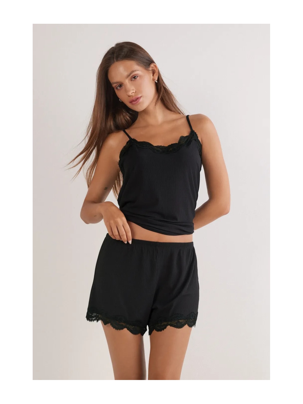 Shorts Canelado Em Viscose e Renda Your Everyday Wear Preto Intimissimi