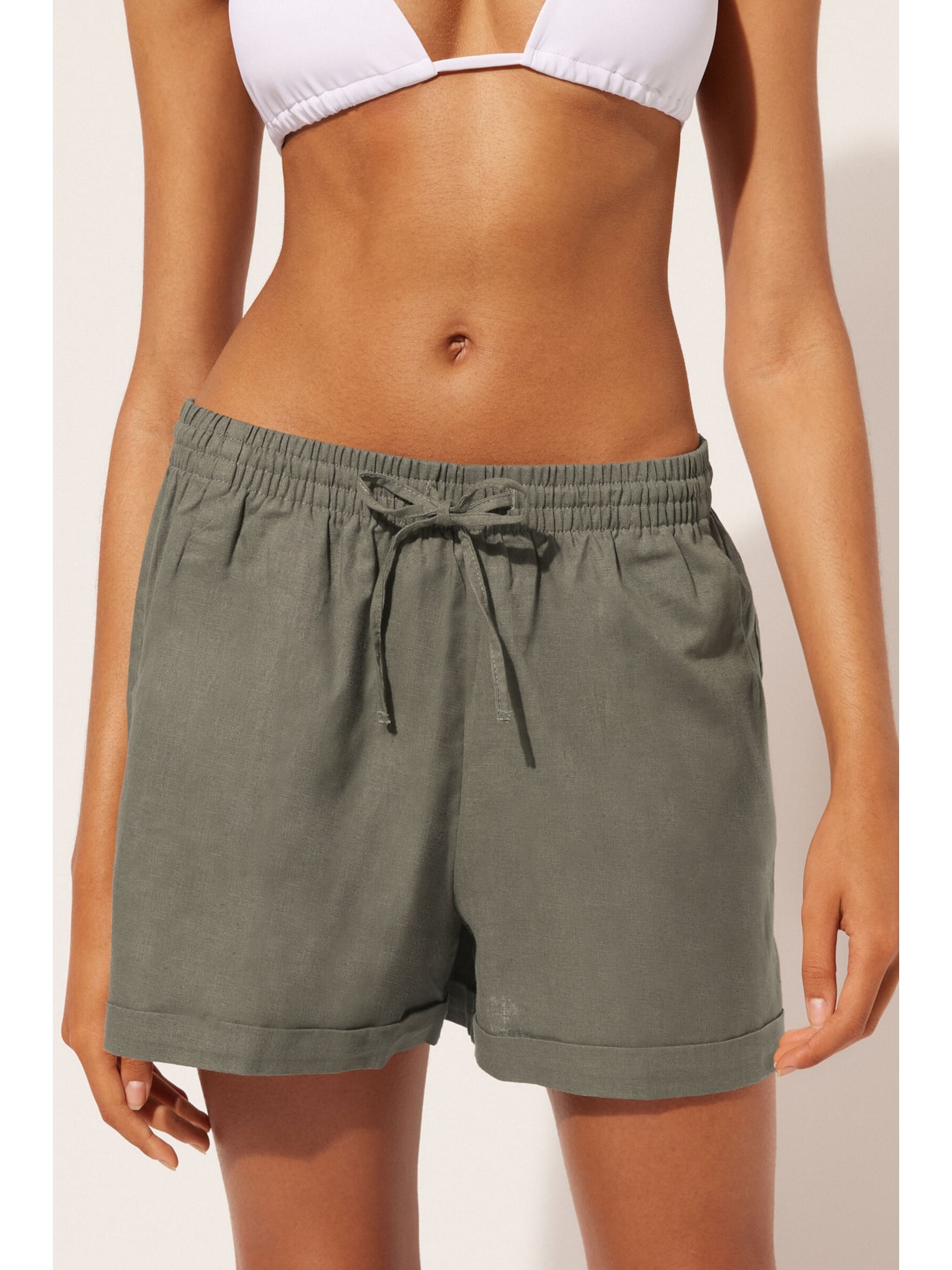 Shorts Em Linho e Algodão Verde Calzedonia