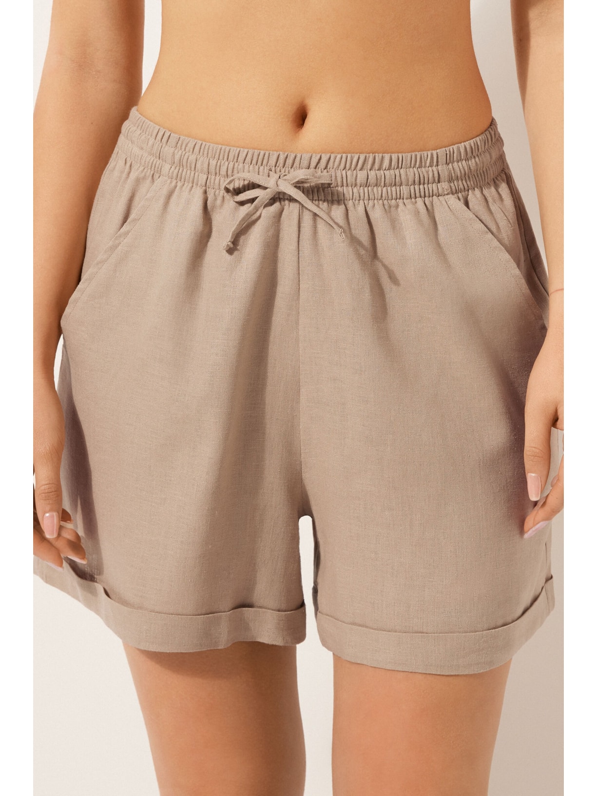 Shorts Em Linho e Viscose Bege Calzedonia
