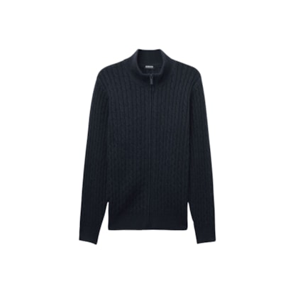 Suéter Em Tricô Trançado e Zíper - Azul