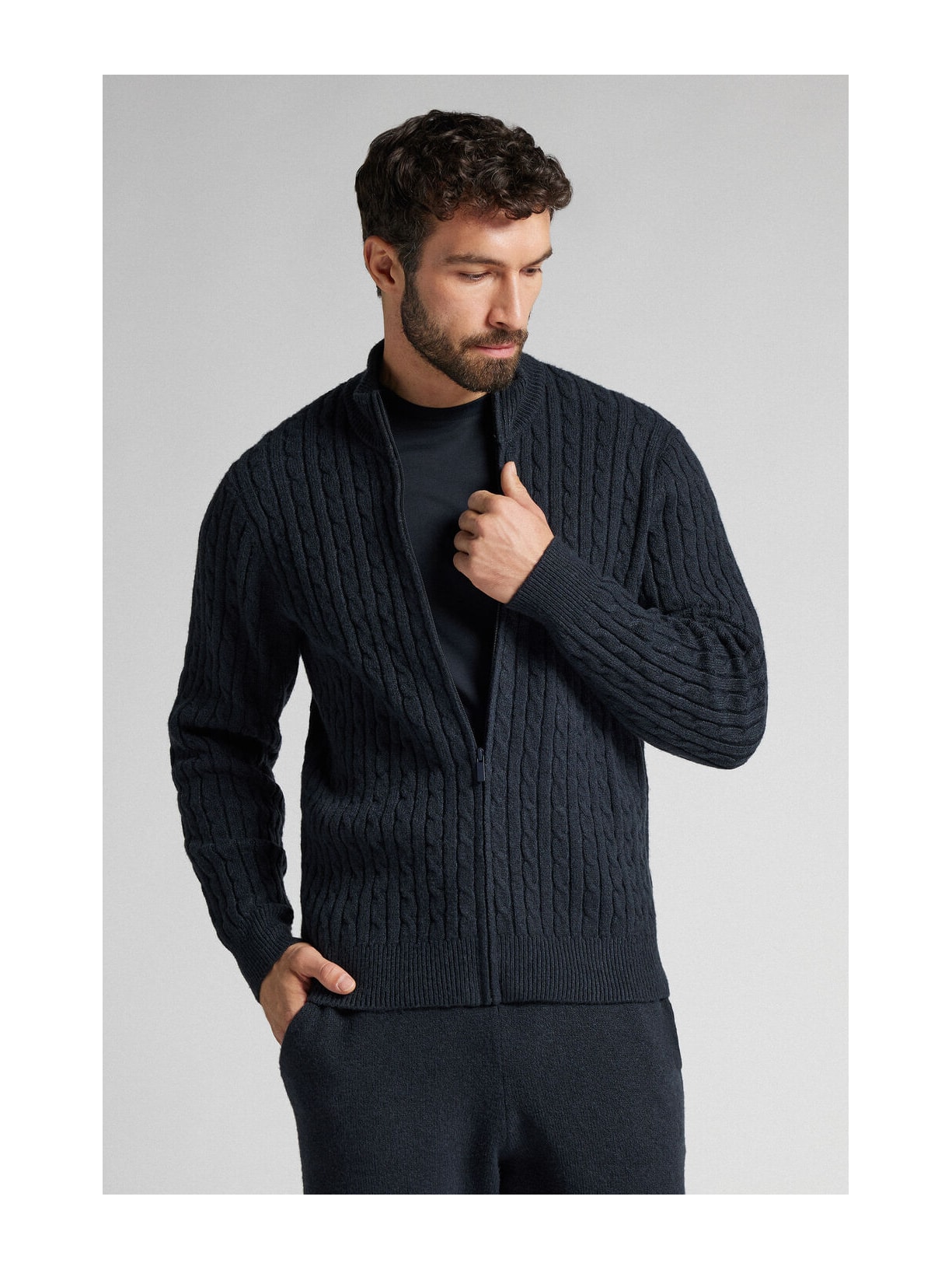 Suéter Em Tricô Trançado e Zíper Azul Intimissimi