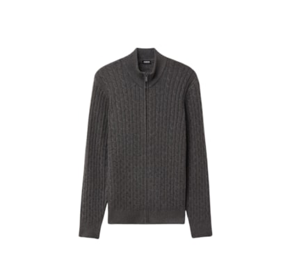 Suéter Em Tricô Trançado e Zíper - Cinza