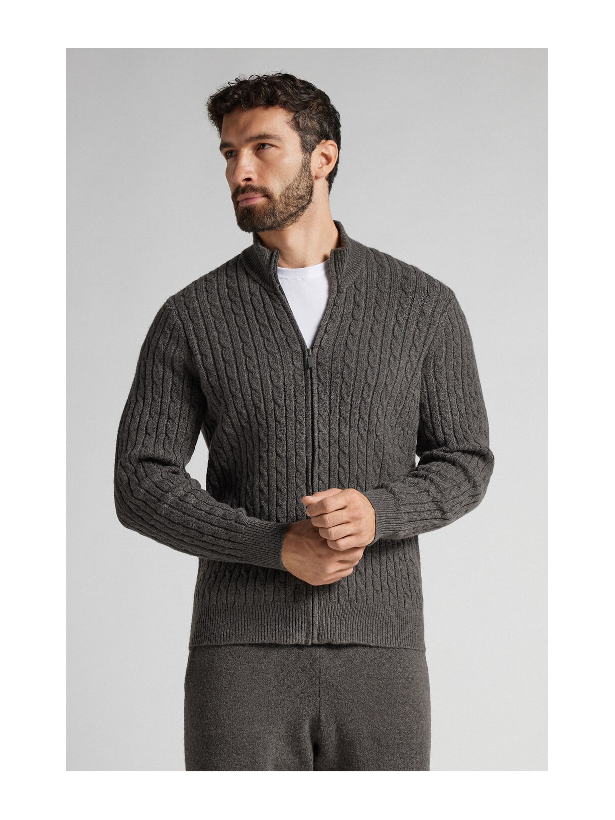 Suéter Em Tricô Trançado e Zíper Cinza Intimissimi