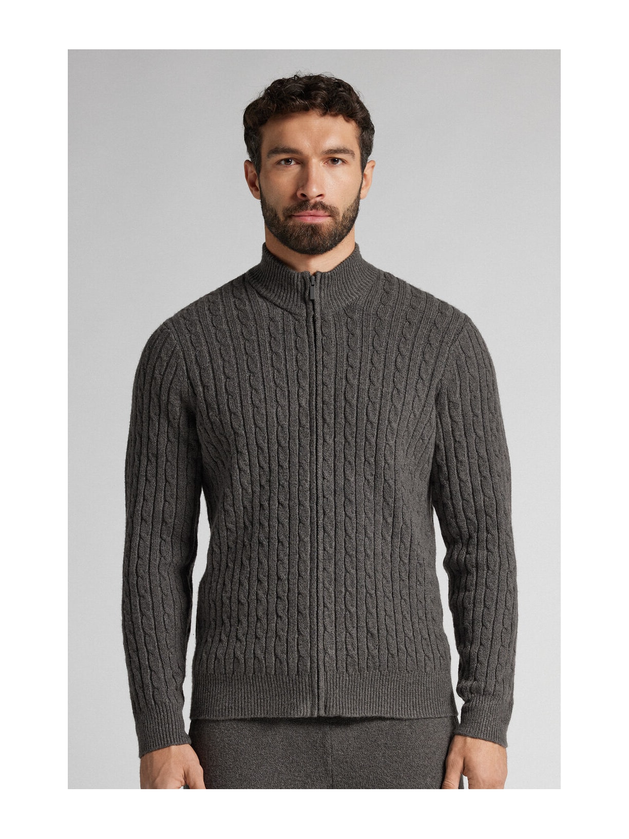 Suéter Em Tricô Trançado e Zíper Cinza Intimissimi