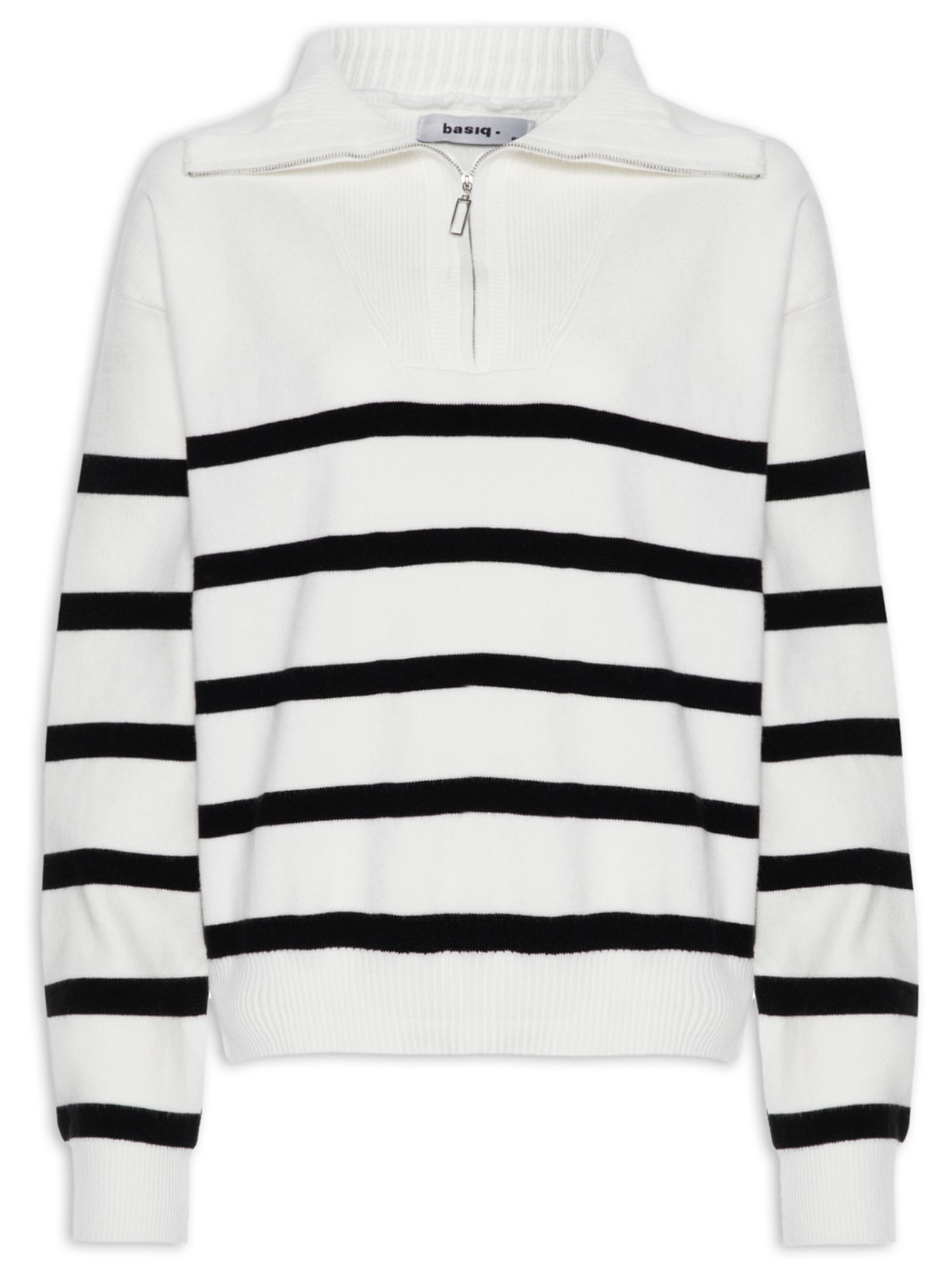Suéter Feminina Tricot Listrado Com Zíper - Off White