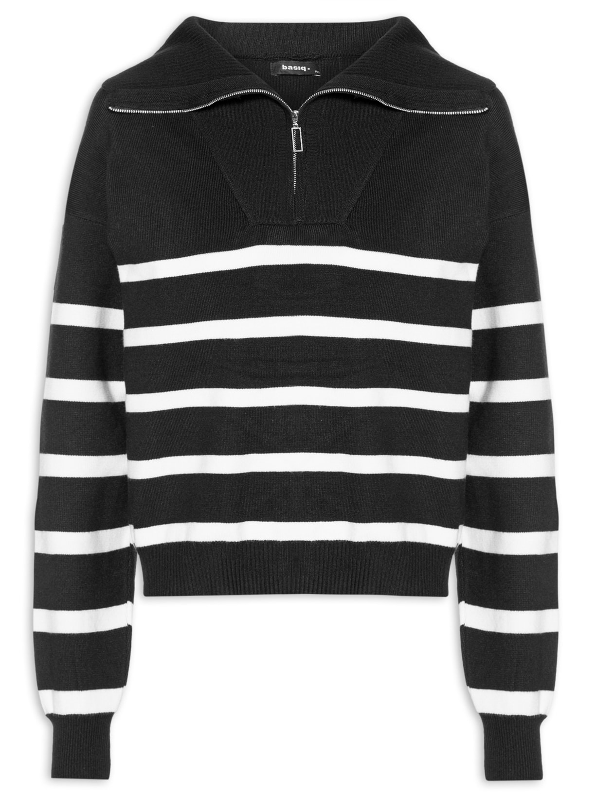 Suéter Feminina Tricot Listrado Com Zíper - Preto