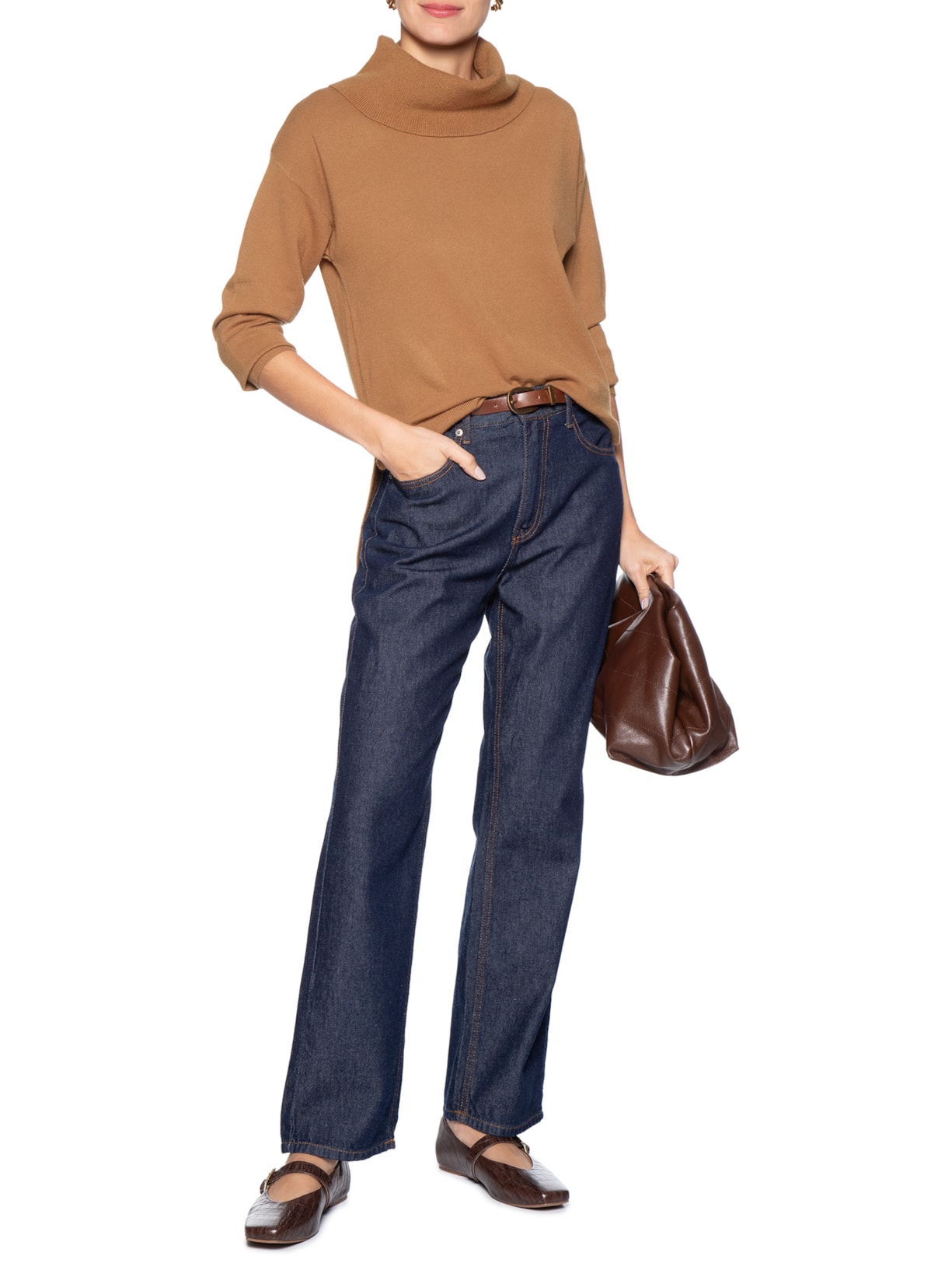 Suéter Feminino Alongado Em Tricot Bege Basiq