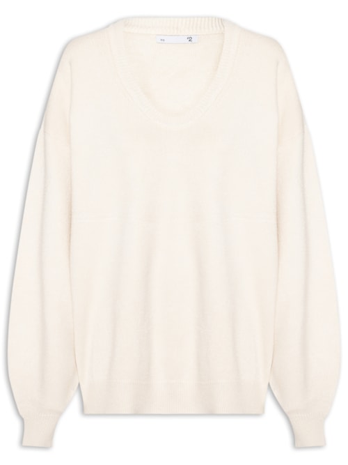 Suéter Feminino Amplo Gola V Em Tricot - Bege