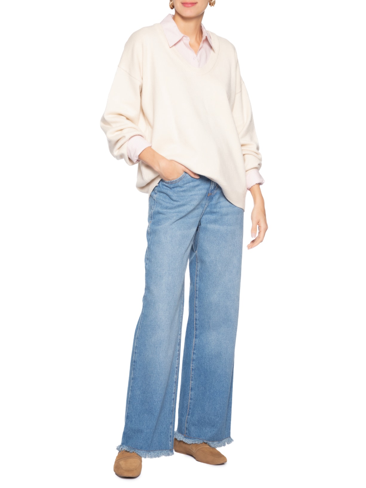 Suéter Feminino Amplo Gola V Em Tricot Bege '2Essential