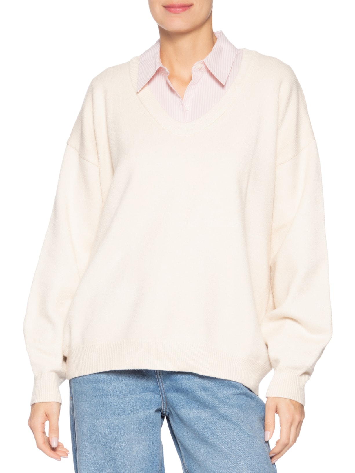 Suéter Feminino Amplo Gola V Em Tricot Bege '2Essential