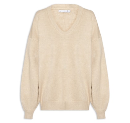 Suéter Feminino Amplo Gola V Em Tricot - Bege