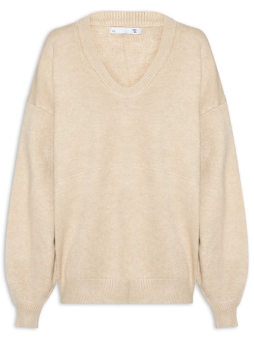 Suéter Feminino Amplo Gola V Em Tricot - Bege