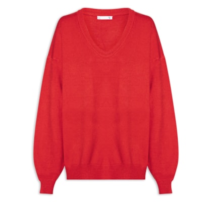 Suéter Feminino Amplo Gola V Em Tricot - Vermelho